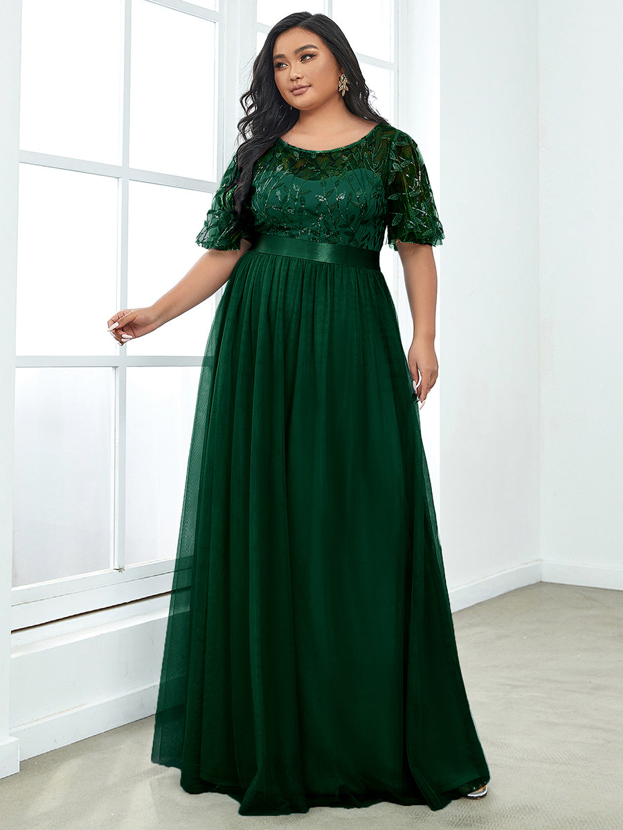 Damen A-Line Kurzarm Bodenlanges Abendkleid 00904 #farbe_Dunkelgrün