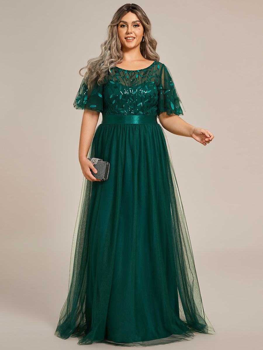Damen A-Line Kurzarm Stickerei Bodenlanges Abendkleid #Farbe_Dunkelgrün