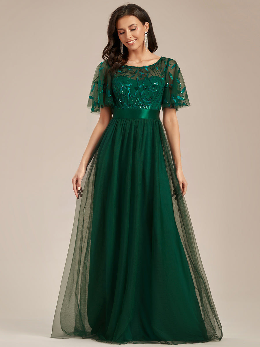 Damen A-Line Kurzarm Stickerei Bodenlanges Abendkleid #Farbe_Dunkelgrün