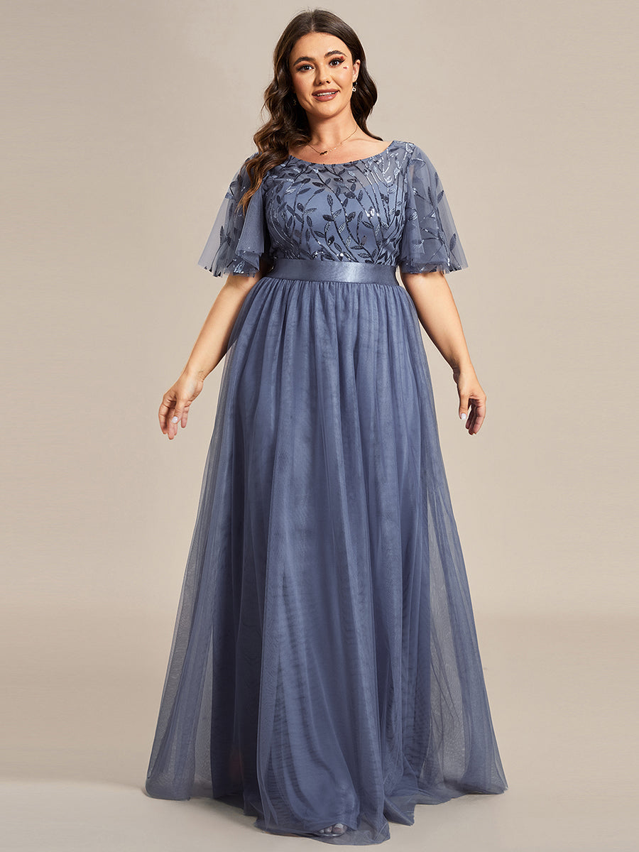 Damen A-Line Kurzarm Stickerei Bodenlanges Abendkleid #Farbe_Taubenblau