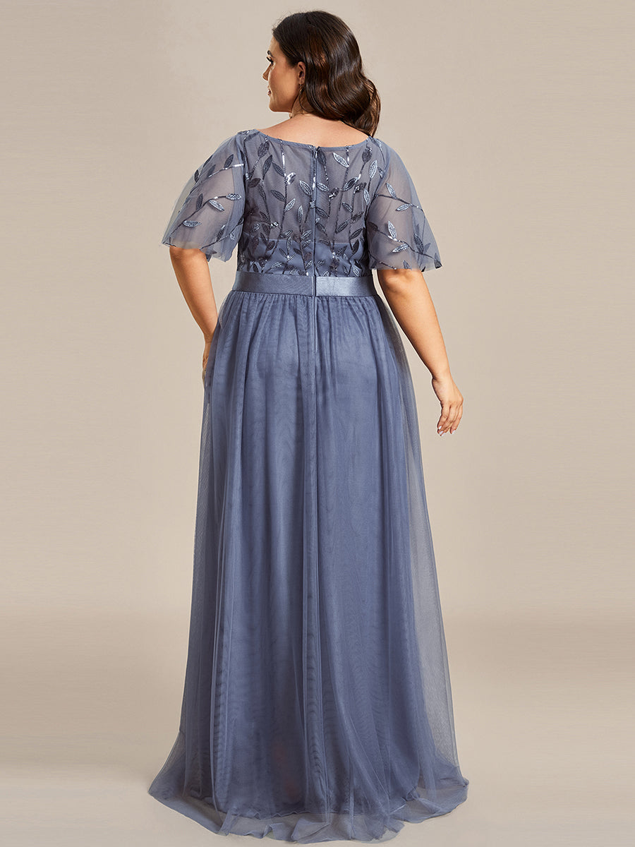 Damen A-Line Kurzarm Stickerei Bodenlanges Abendkleid #Farbe_Taubenblau