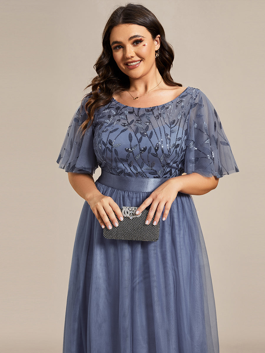 Damen A-Line Kurzarm Stickerei Bodenlanges Abendkleid #Farbe_Taubenblau