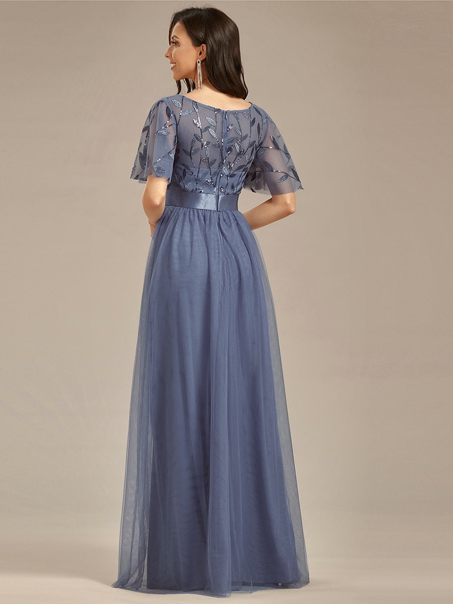 Damen A-Line Kurzarm Bodenlanges Abendkleid 00904 #farbe_Taubenblau