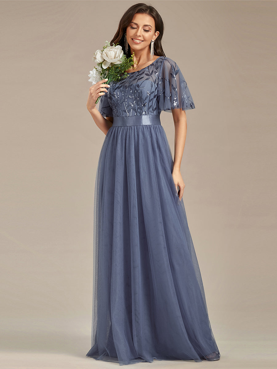 Damen A-Line Kurzarm Bodenlanges Abendkleid 00904 #farbe_Taubenblau