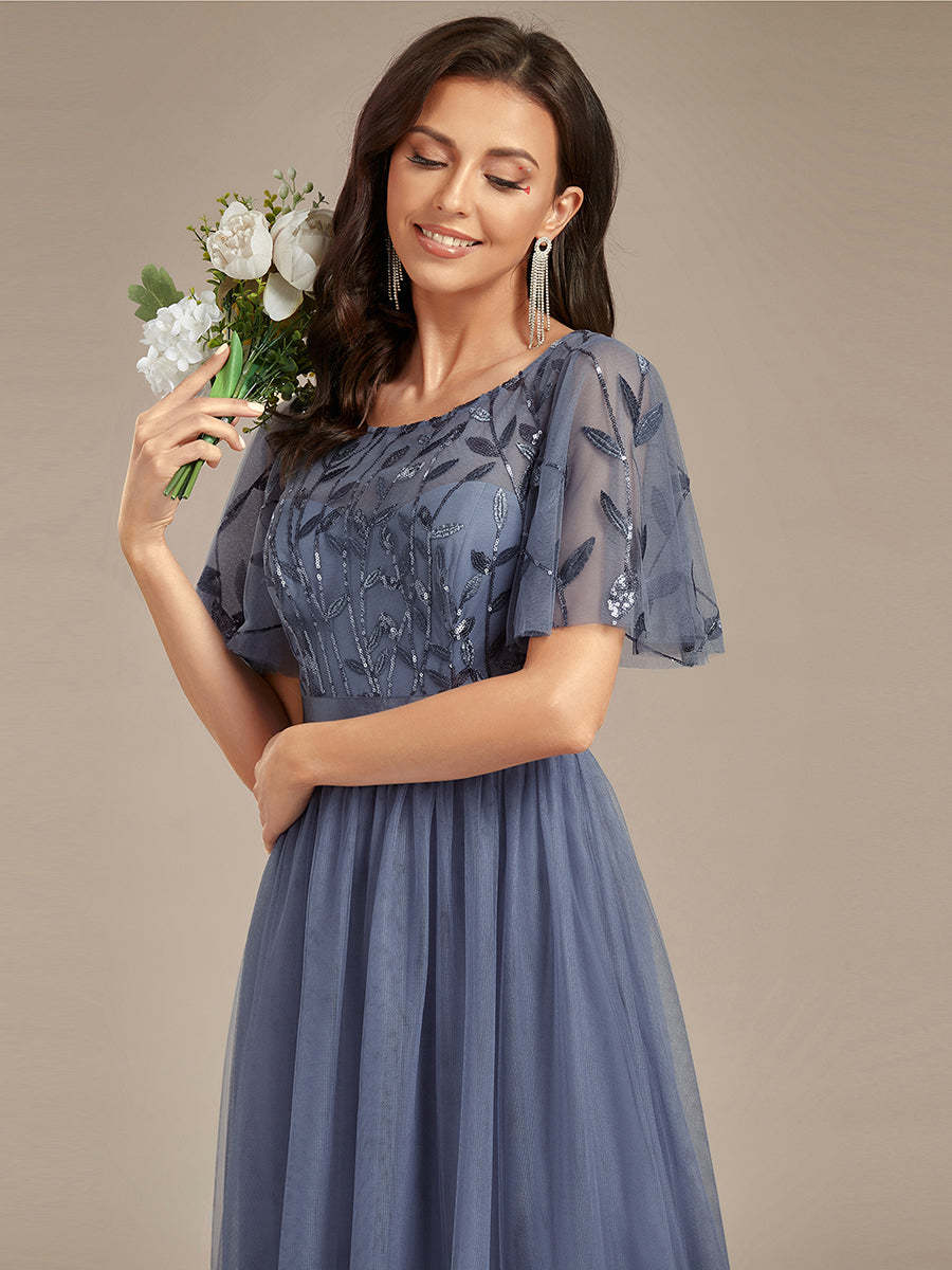 Damen A-Line Kurzarm Stickerei Bodenlanges Abendkleid #Farbe_Taubenblau
