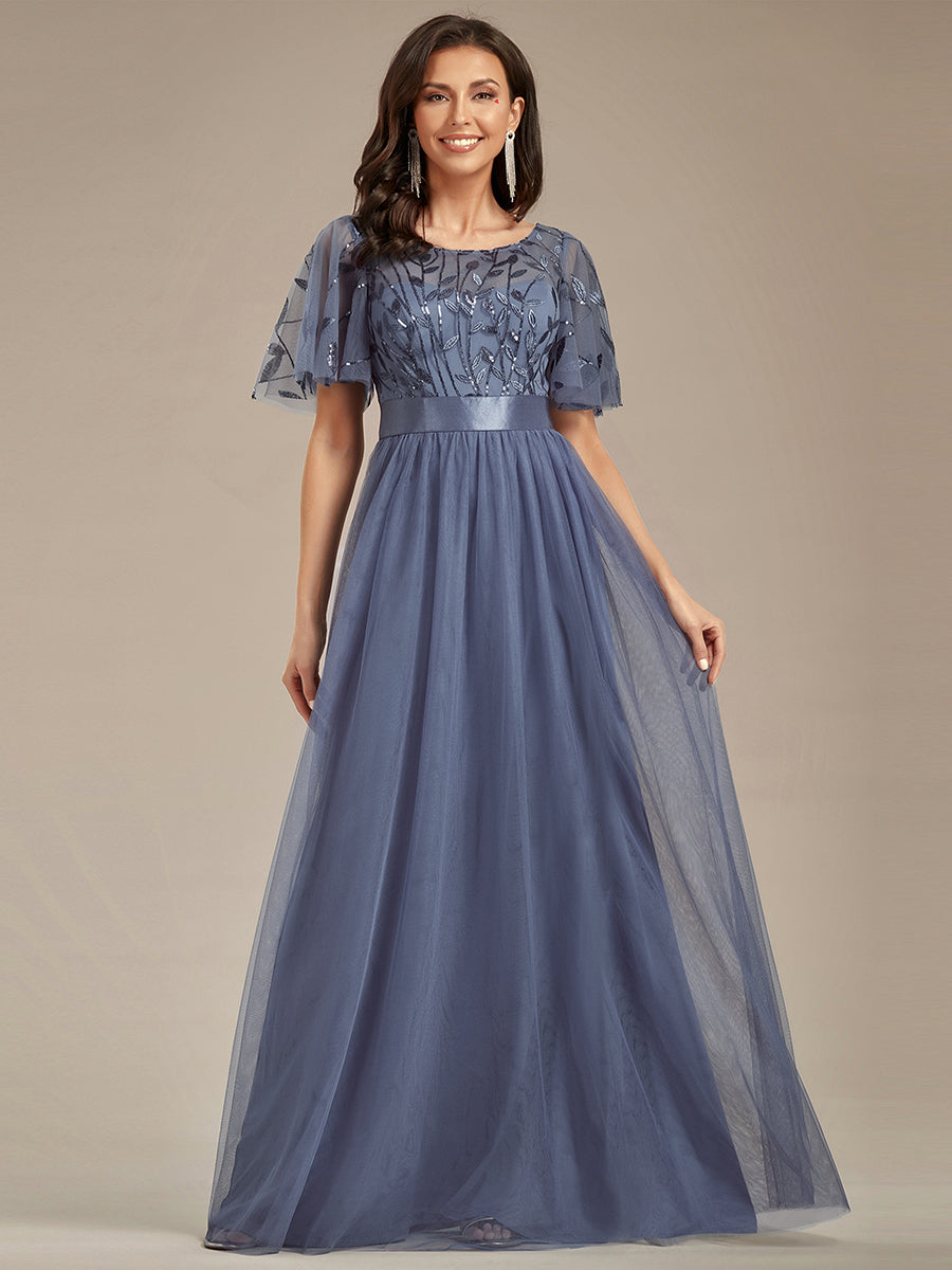 Damen A-Line Kurzarm Bodenlanges Abendkleid 00904 #farbe_Taubenblau