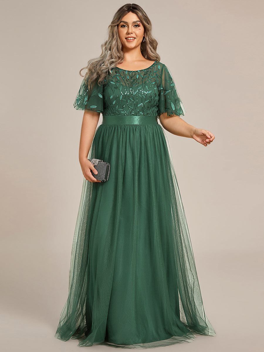 Damen A-Line Kurzarm Stickerei Bodenlanges Abendkleid #Farbe_Eukalyptus