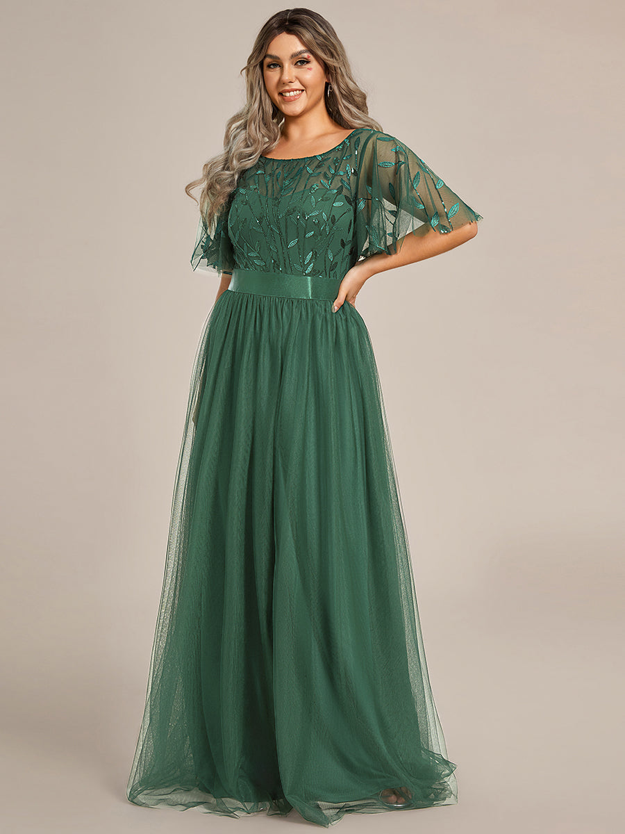 Damen A-Line Kurzarm Stickerei Bodenlanges Abendkleid #Farbe_Eukalyptus