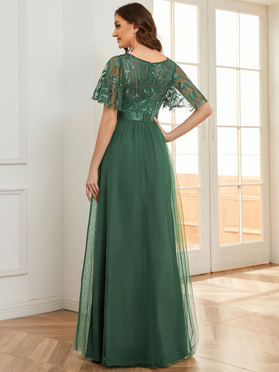 Damen A-Line Kurzarm Stickerei Bodenlanges Abendkleid #Farbe_Eukalyptus