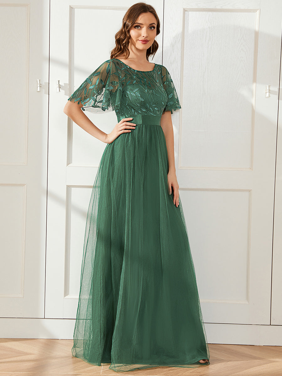 Damen A-Line Kurzarm Stickerei Bodenlanges Abendkleid #Farbe_Eukalyptus