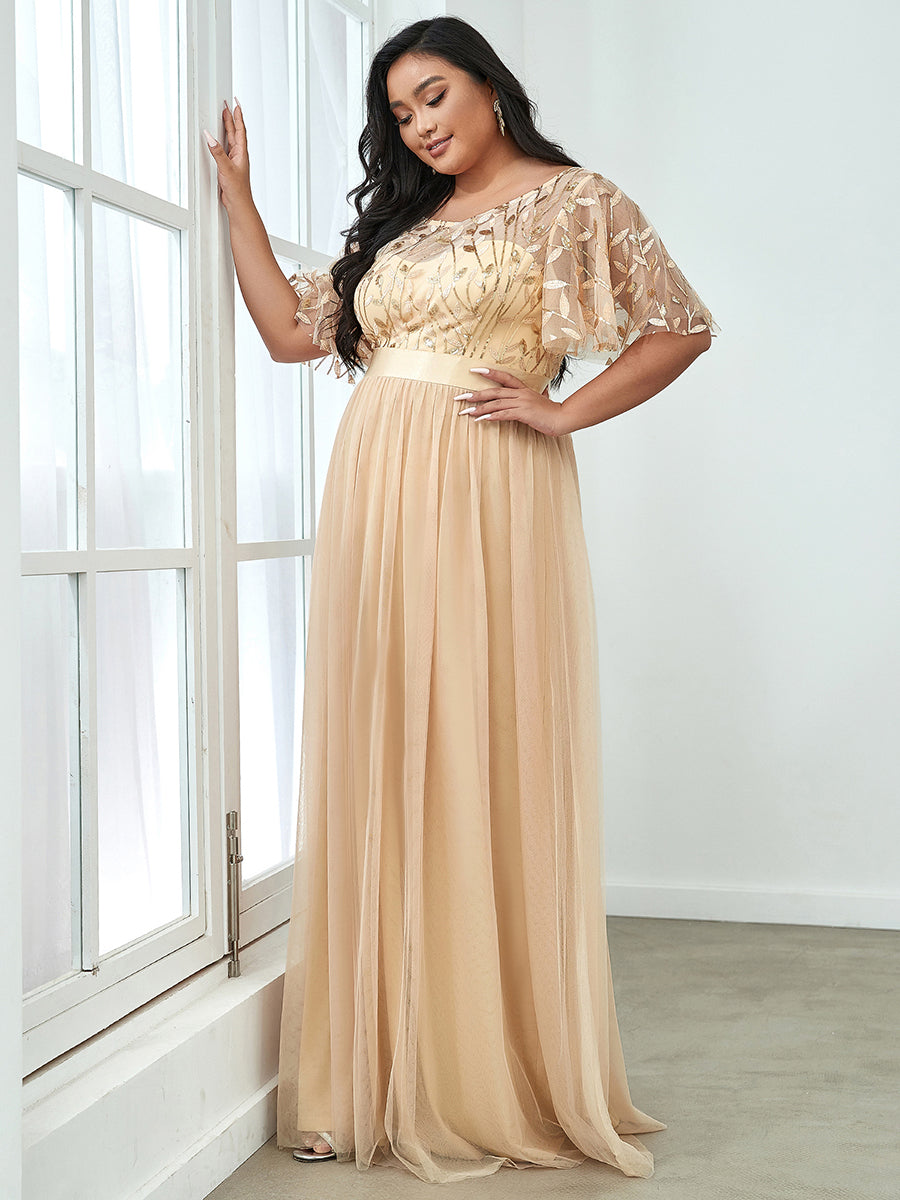 Damen A-Line Kurzarm Stickerei Bodenlanges Abendkleid #Farbe_Gold
