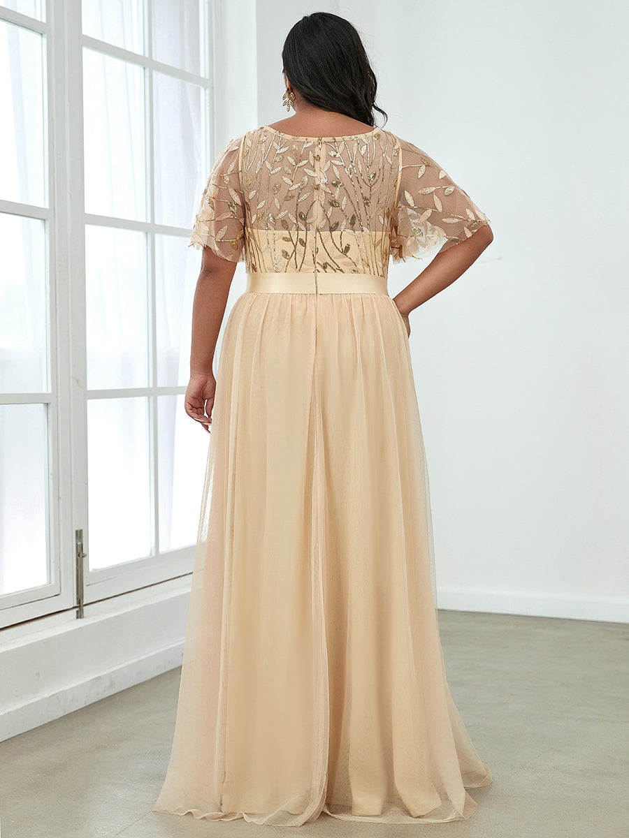 Damen A-Line Kurzarm Stickerei Bodenlanges Abendkleid #Farbe_Gold