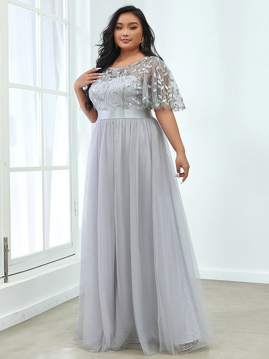 Damen A-Line Kurzarm Stickerei Bodenlanges Abendkleid #Farbe_Grau
