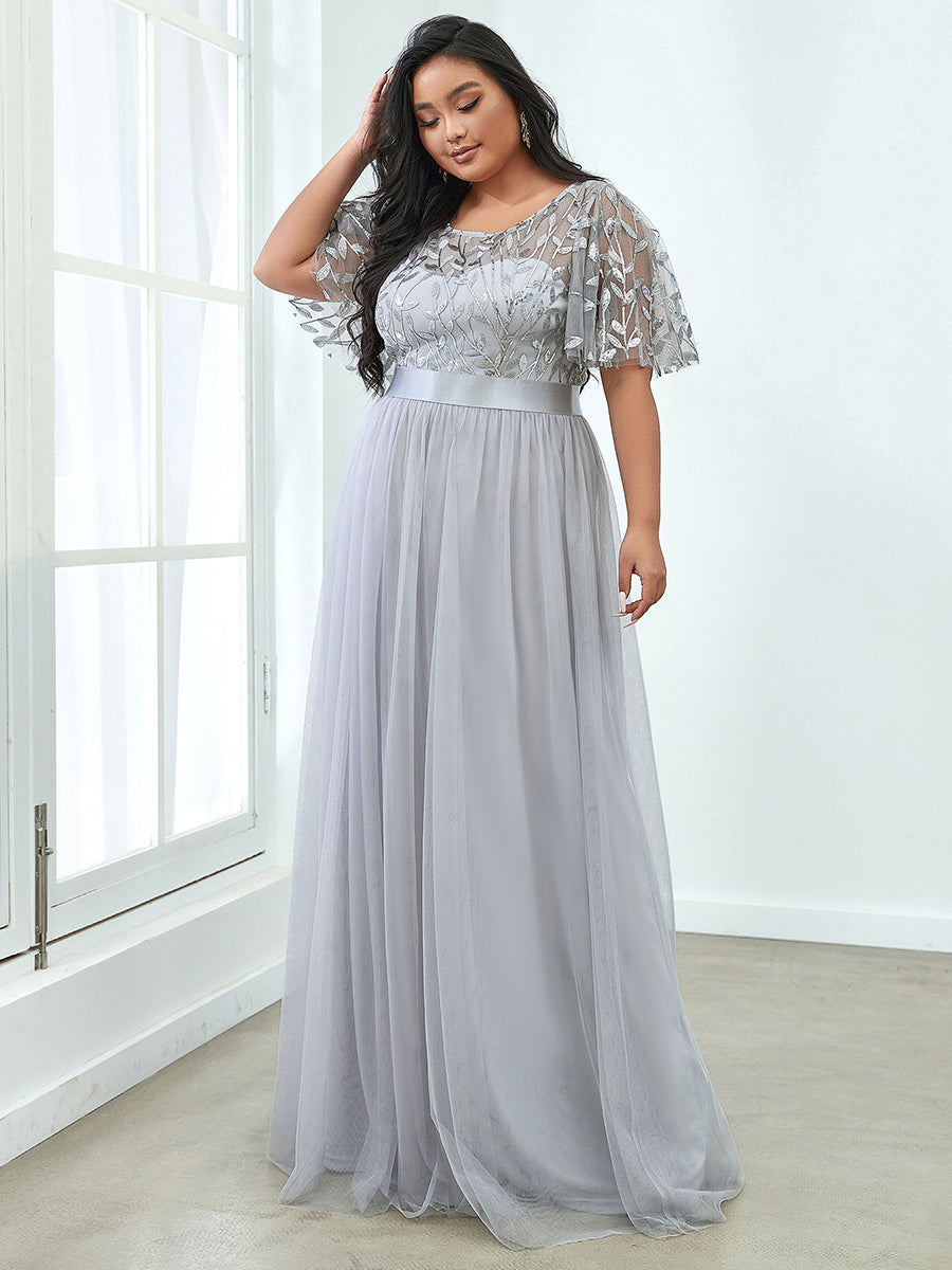 Damen A-Line Kurzarm Bodenlanges Abendkleid 00904 #farbe_Grau