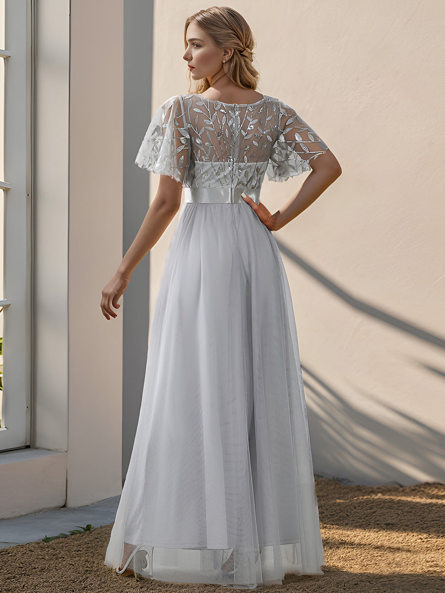 Damen A-Line Kurzarm Bodenlanges Abendkleid 00904 #farbe_Grau