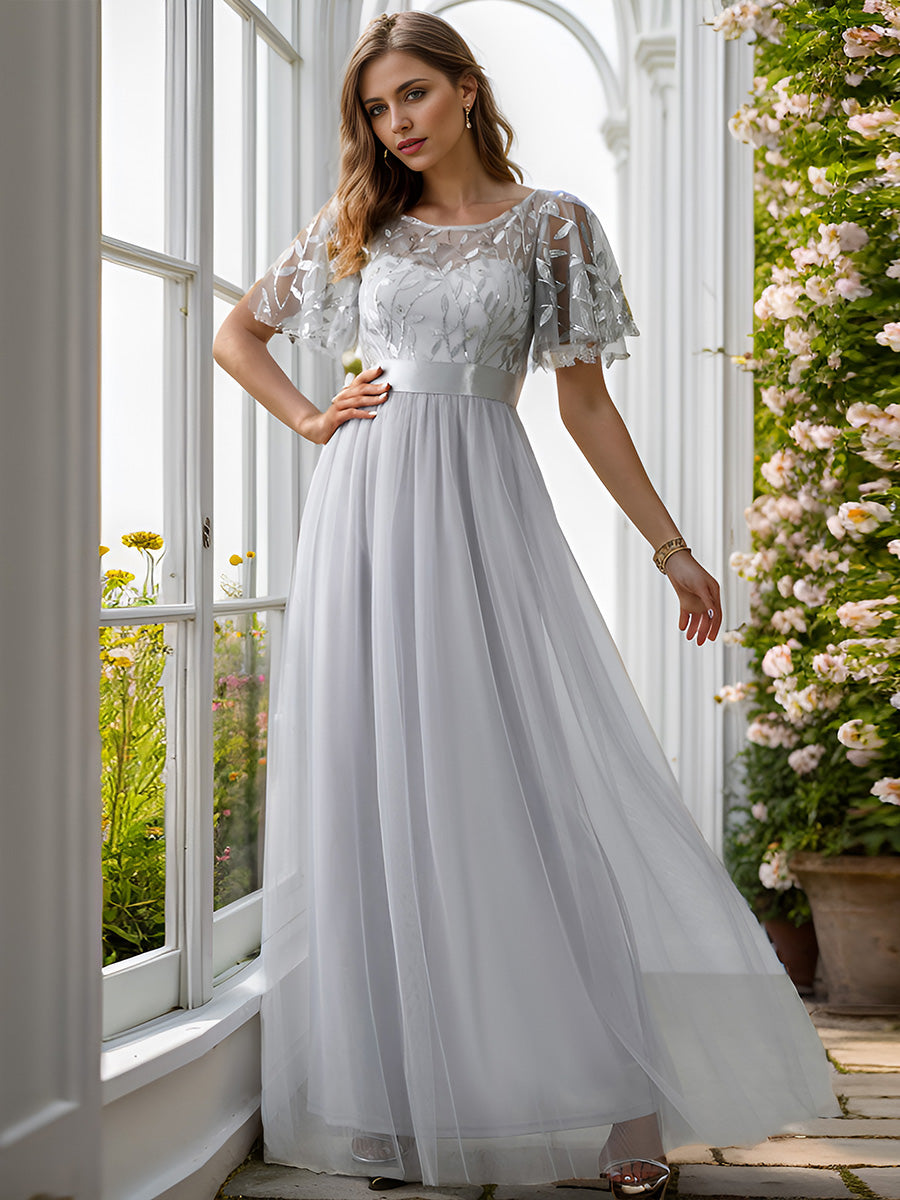 Damen A-Line Kurzarm Bodenlanges Abendkleid 00904 #farbe_Grau