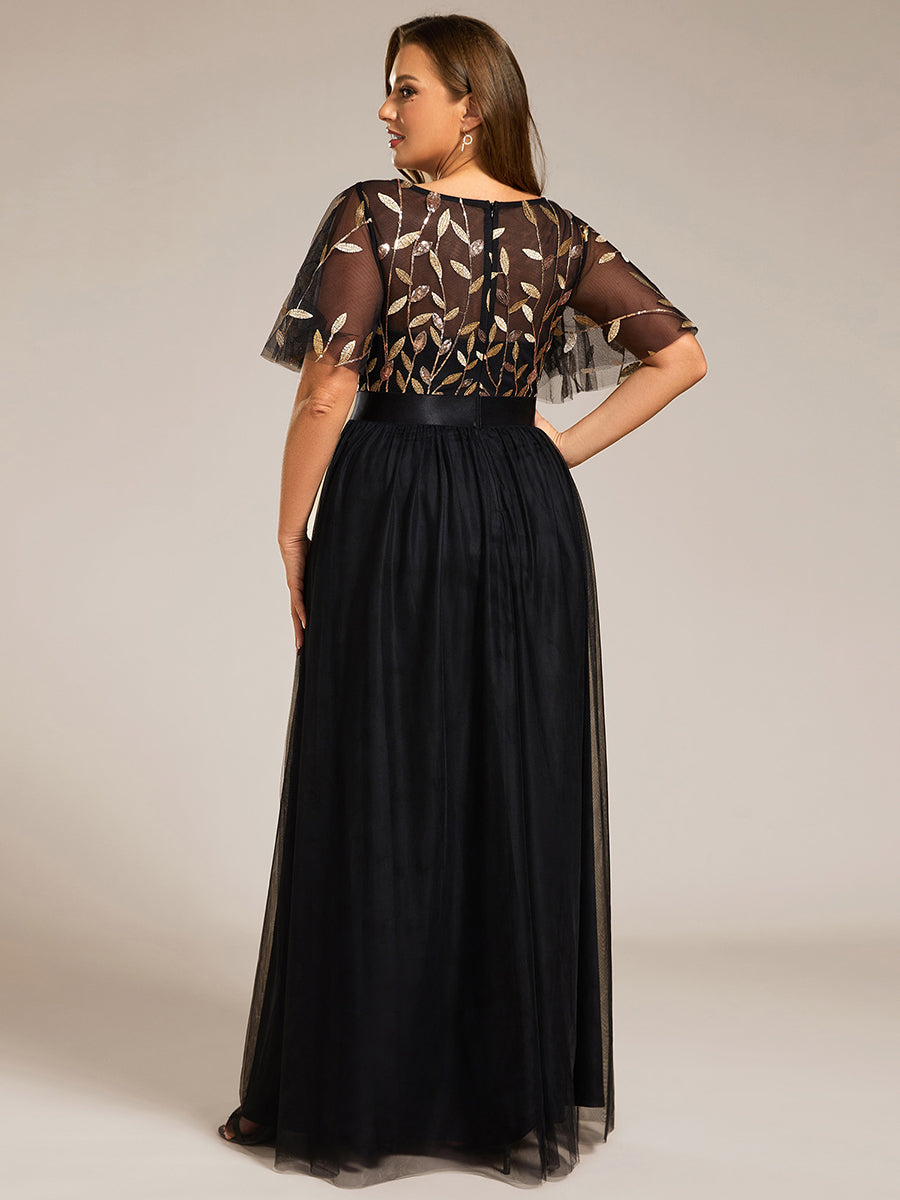 Damen A-Line Kurzarm Stickerei Bodenlanges Abendkleid #Farbe_Schwarz & Gold