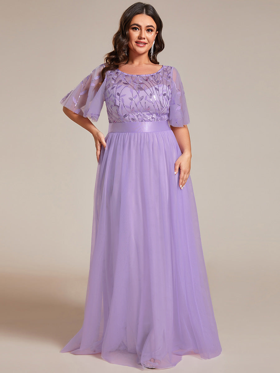 Damen A-Line Kurzarm Stickerei Bodenlanges Abendkleid #Farbe_Lavendel
