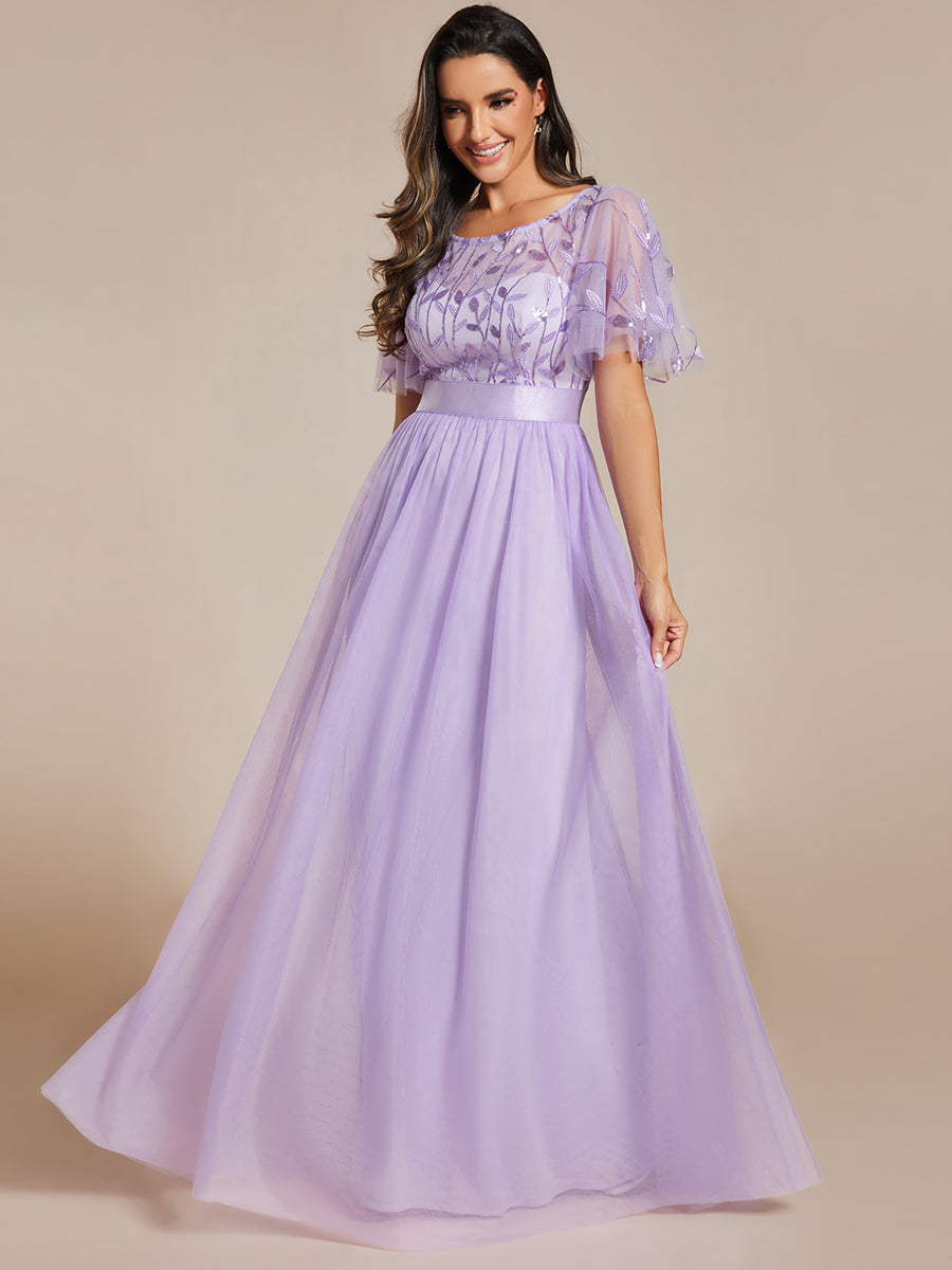 Damen A-Line Kurzarm Stickerei Bodenlanges Abendkleid #Farbe_Lavendel