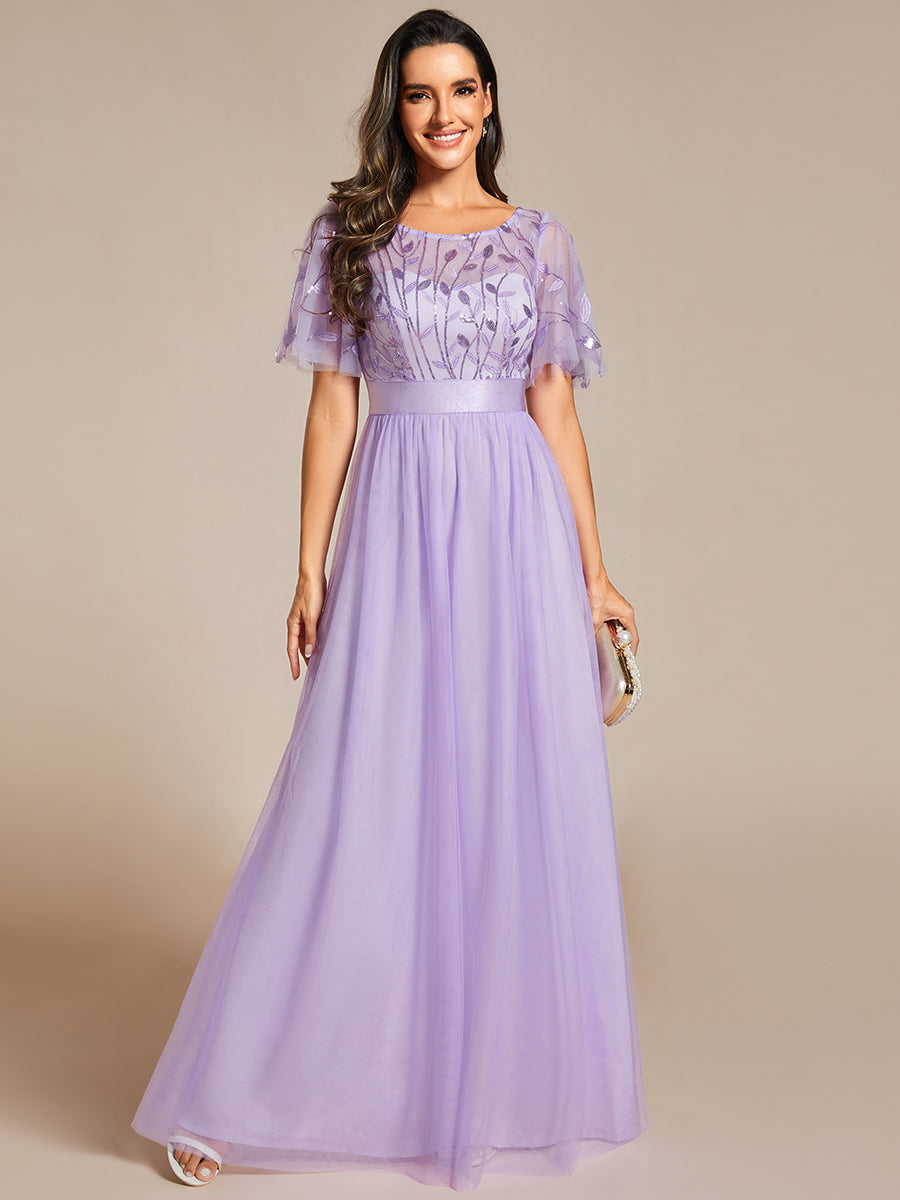 Damen A-Line Kurzarm Stickerei Bodenlanges Abendkleid #Farbe_Lavendel