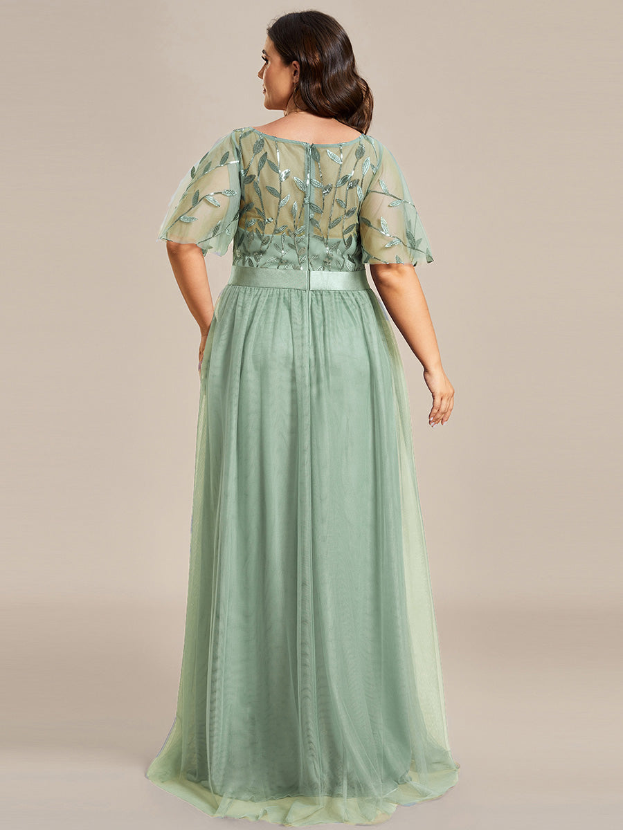 Damen A-Line Kurzarm Stickerei Bodenlanges Abendkleid #Farbe_Mintgrün