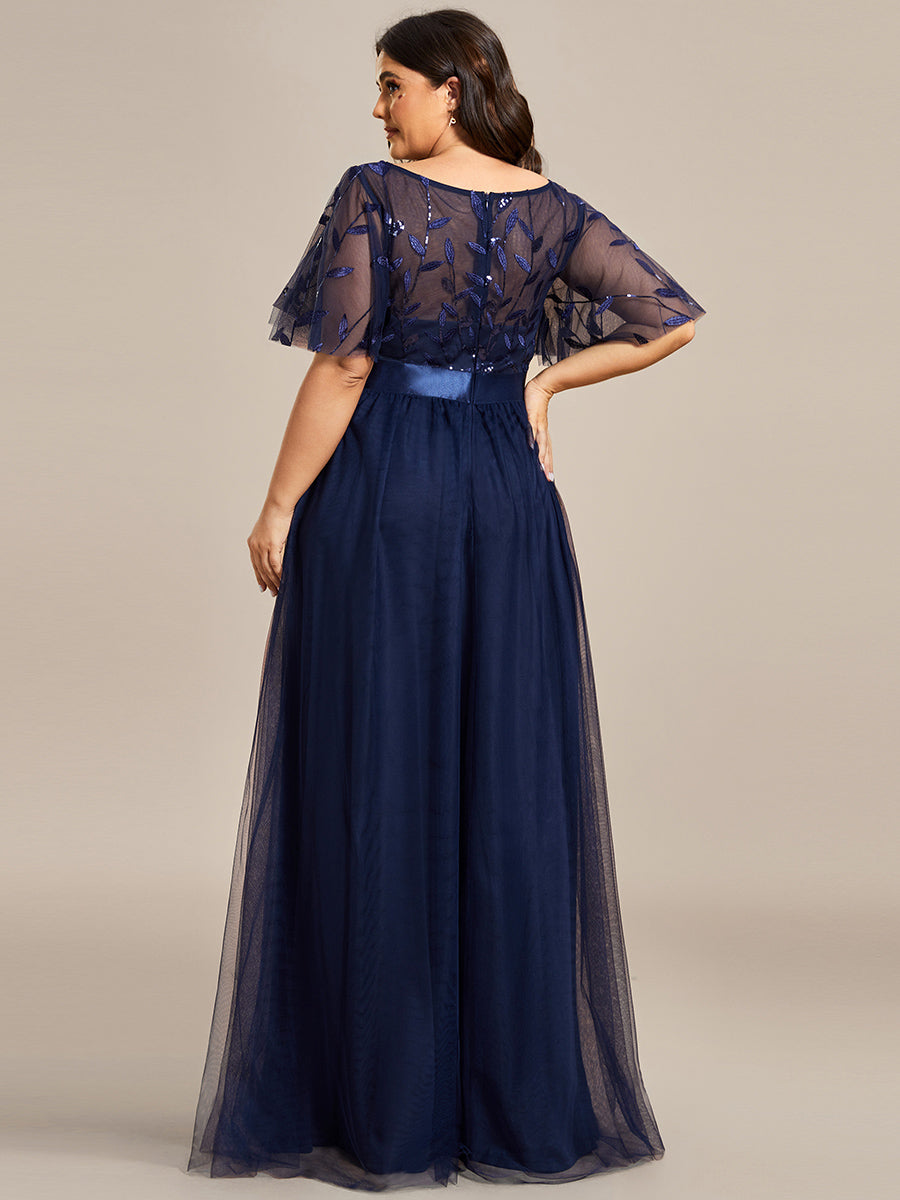 Damen A-Line Kurzarm Stickerei Bodenlanges Abendkleid #Farbe_Marineblau