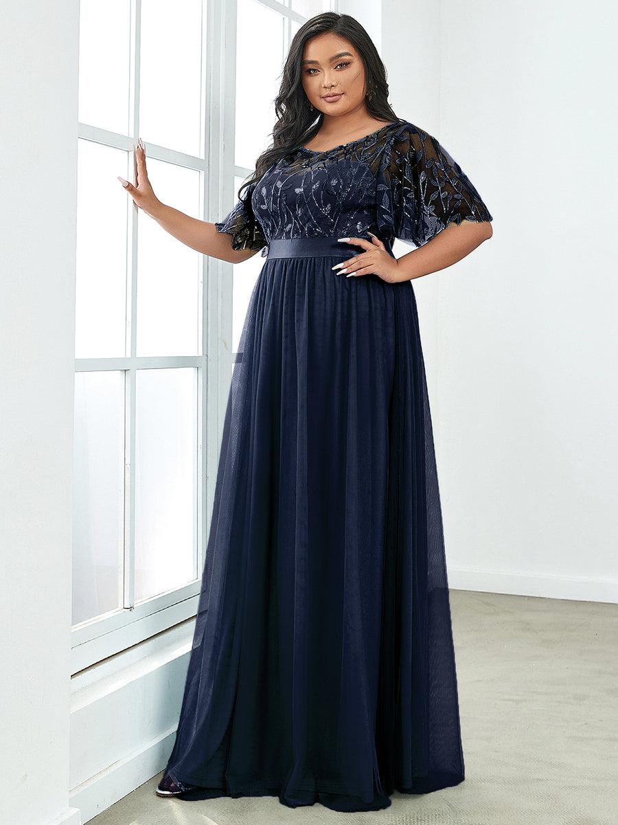 Damen A-Line Kurzarm Stickerei Bodenlanges Abendkleid #Farbe_Marineblau