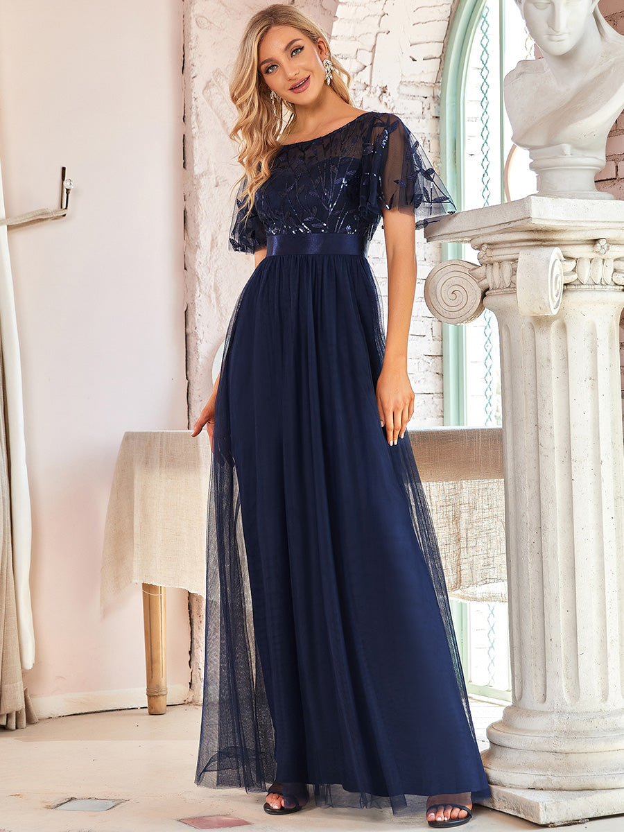 Damen A-Line Kurzarm Stickerei Bodenlanges Abendkleid #Farbe_Marineblau
