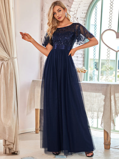 Damen A-Line Kurzarm Bodenlanges Abendkleid 00904 #farbe_Marineblau