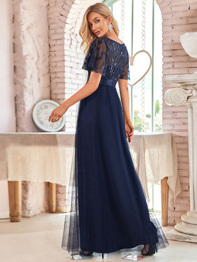 Damen A-Line Kurzarm Bodenlanges Abendkleid 00904 #farbe_Marineblau