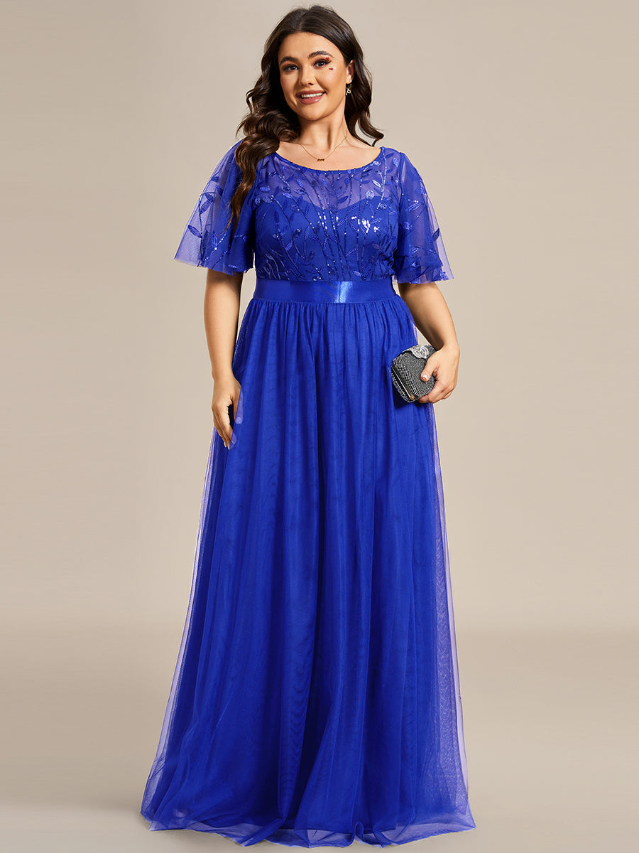 Damen A-Line Kurzarm Stickerei Bodenlanges Abendkleid #Farbe_Saphirblau