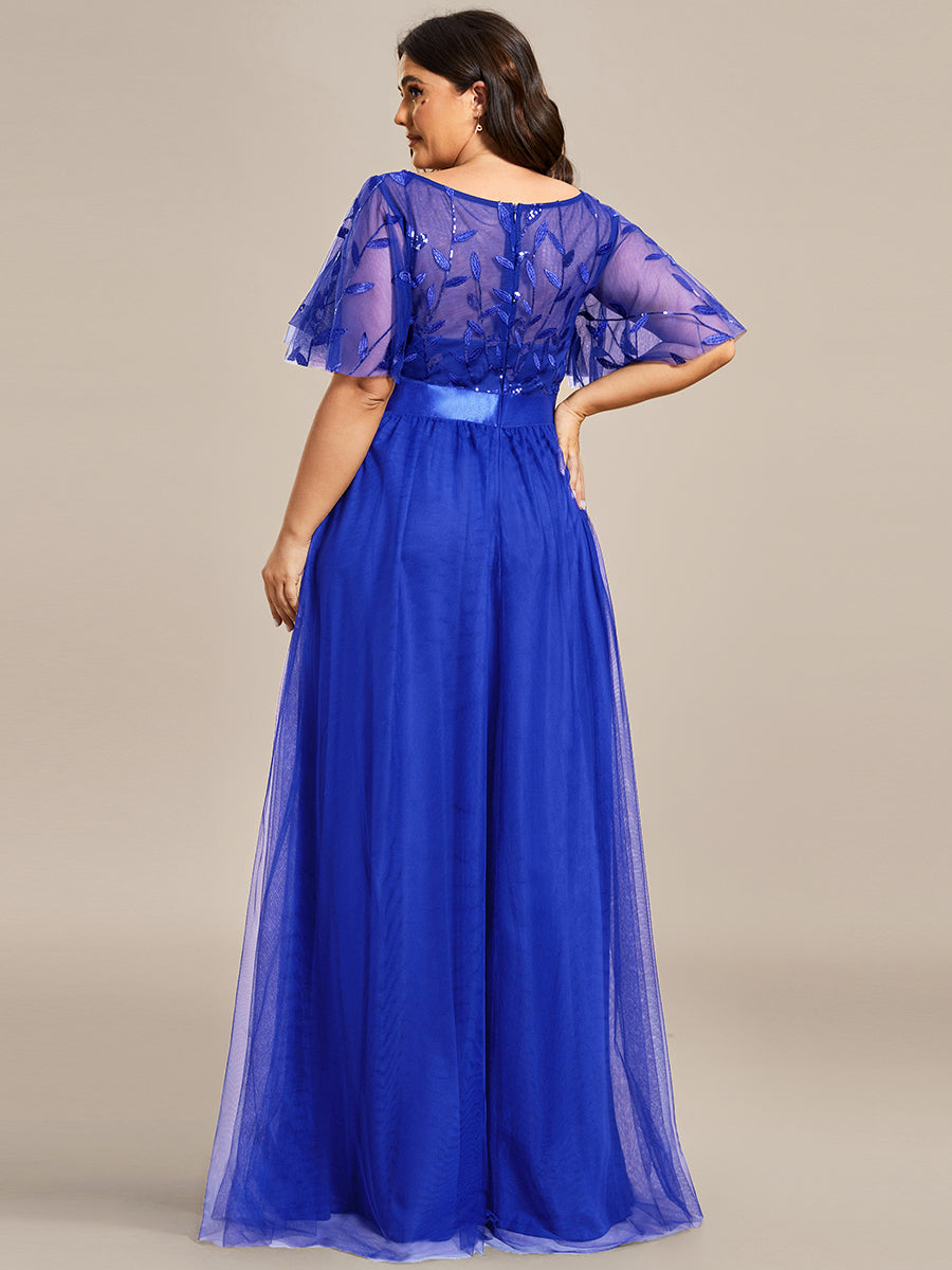 Damen A-Line Kurzarm Stickerei Bodenlanges Abendkleid #Farbe_Saphirblau