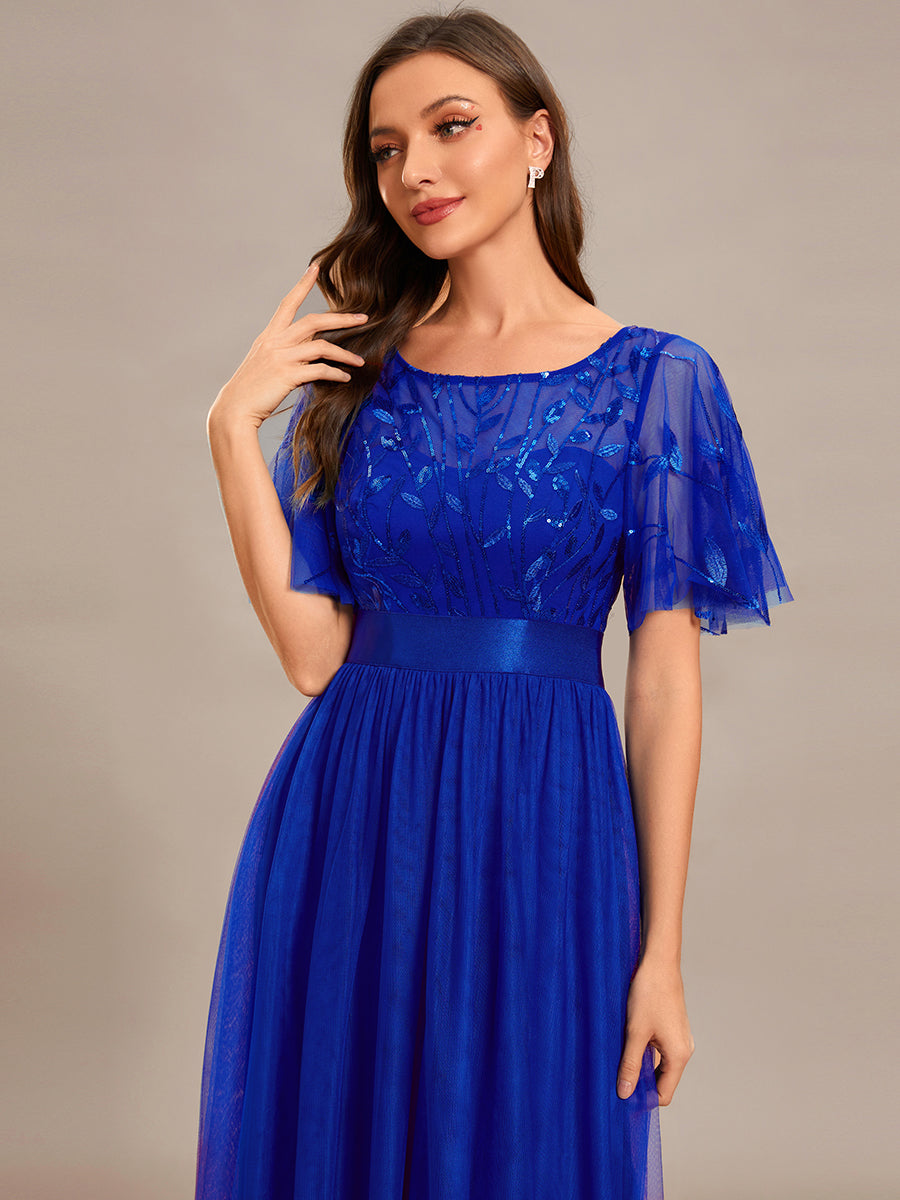 Damen A-Line Kurzarm Bodenlanges Abendkleid 00904 #farbe_Saphirblau