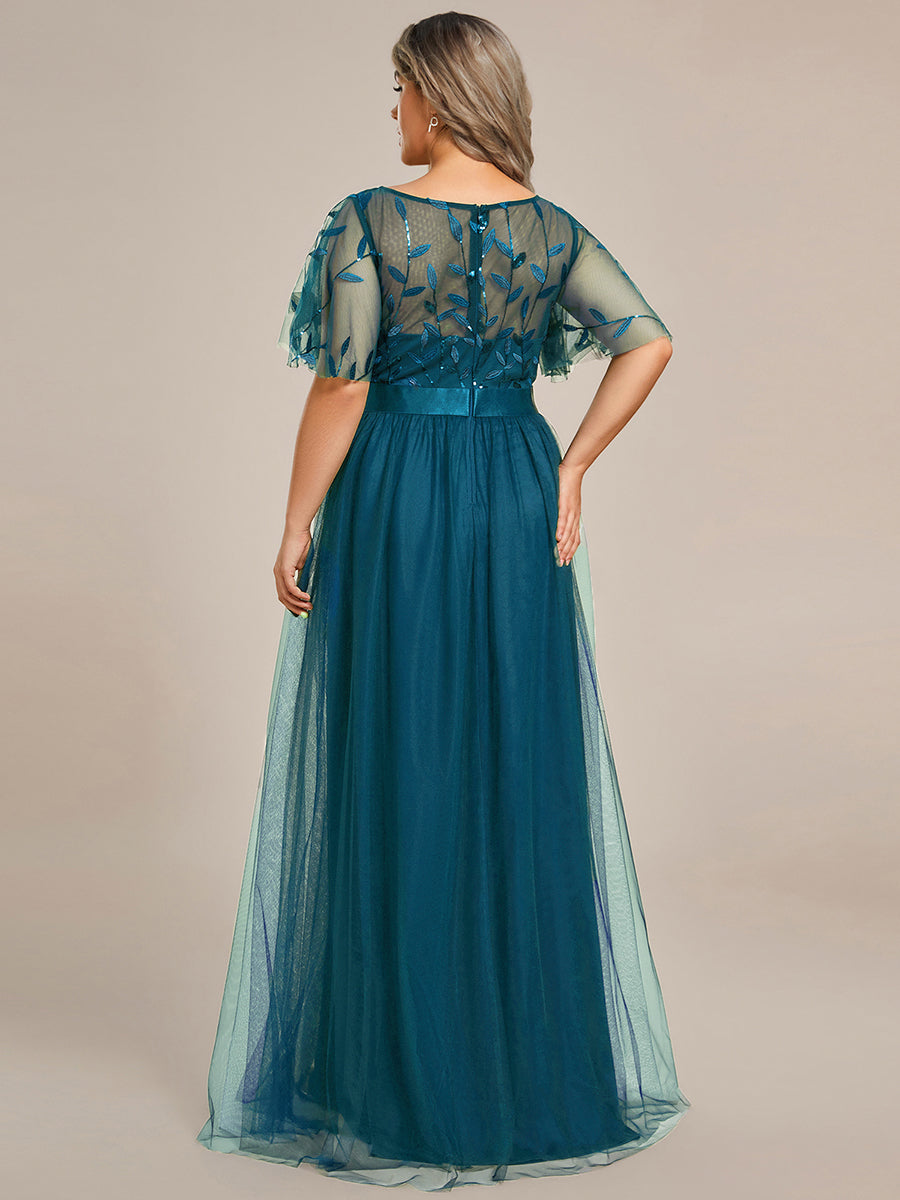 Damen A-Line Kurzarm Stickerei Bodenlanges Abendkleid #Farbe_Petrol