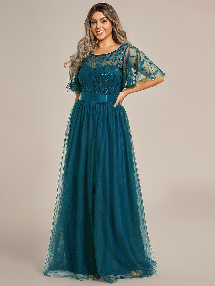 Damen A-Line Kurzarm Stickerei Bodenlanges Abendkleid #Farbe_Petrol