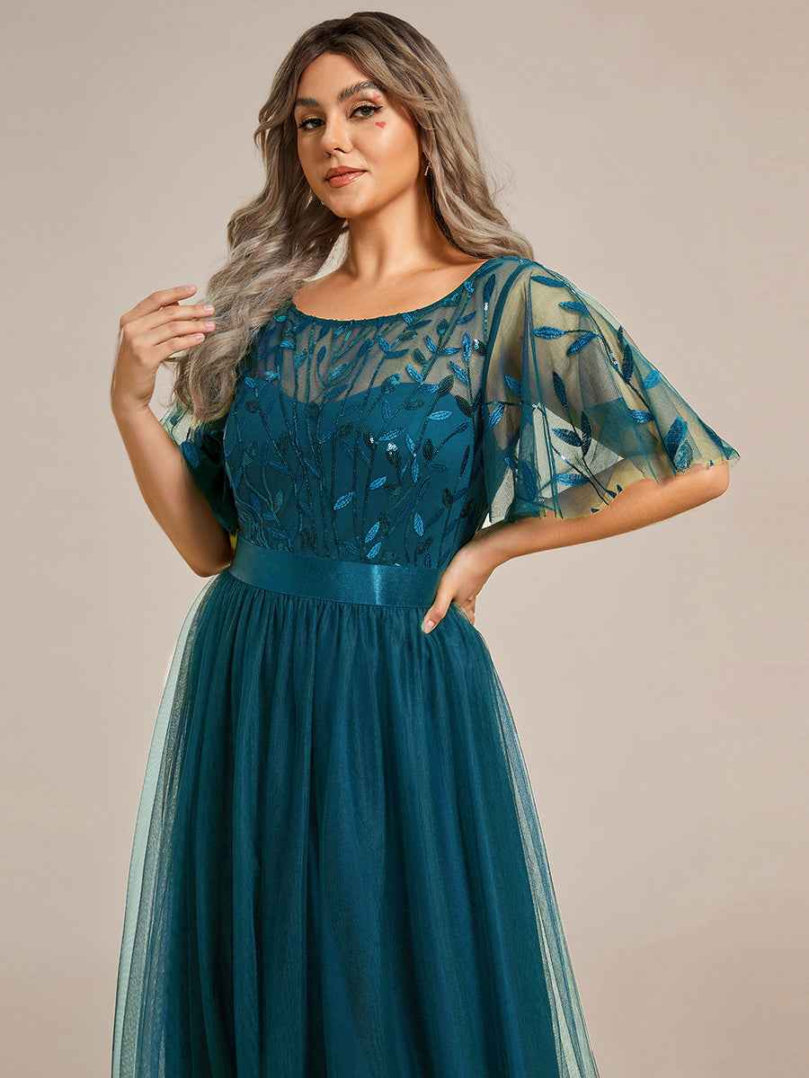 Damen A-Line Kurzarm Stickerei Bodenlanges Abendkleid #Farbe_Petrol