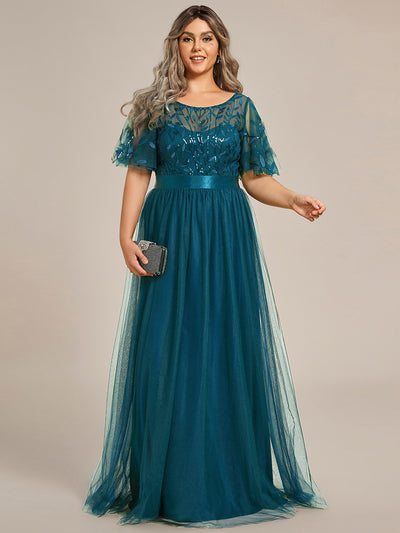 Damen A-Line Kurzarm Bodenlanges Abendkleid 00904 #farbe_Petrol