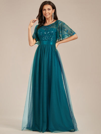 Damen A-Line Kurzarm Stickerei Bodenlanges Abendkleid #Farbe_Petrol