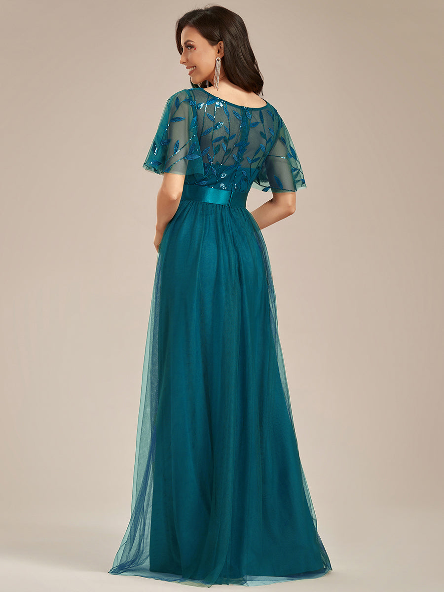 Damen A-Line Kurzarm Bodenlanges Abendkleid 00904 #farbe_Petrol