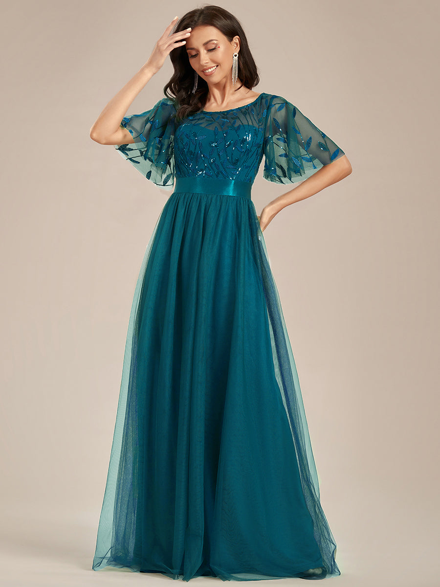 Damen A-Line Kurzarm Bodenlanges Abendkleid 00904 #farbe_Petrol