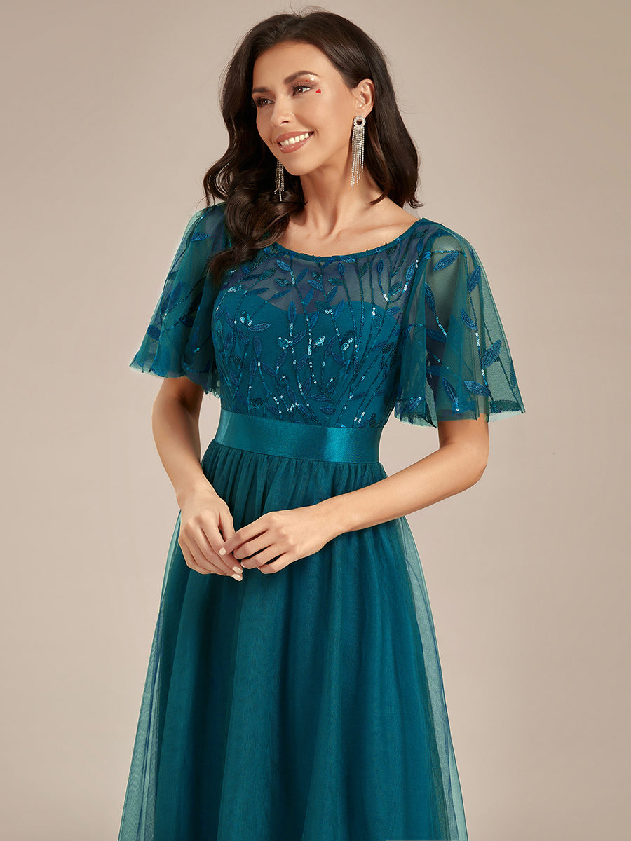 Damen A-Line Kurzarm Bodenlanges Abendkleid 00904 #farbe_Petrol