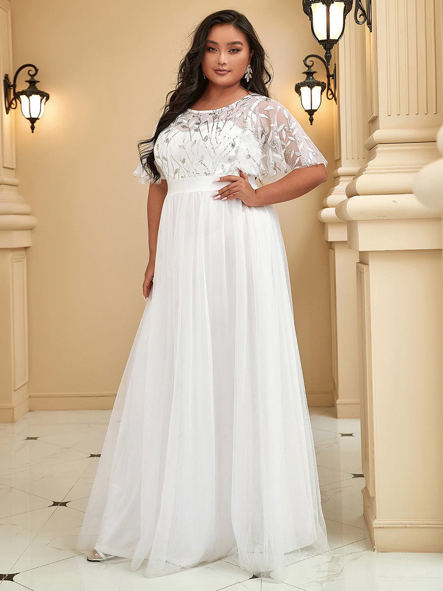 Damen A-Line Kurzarm Stickerei Bodenlanges Abendkleid #Farbe_Weiß