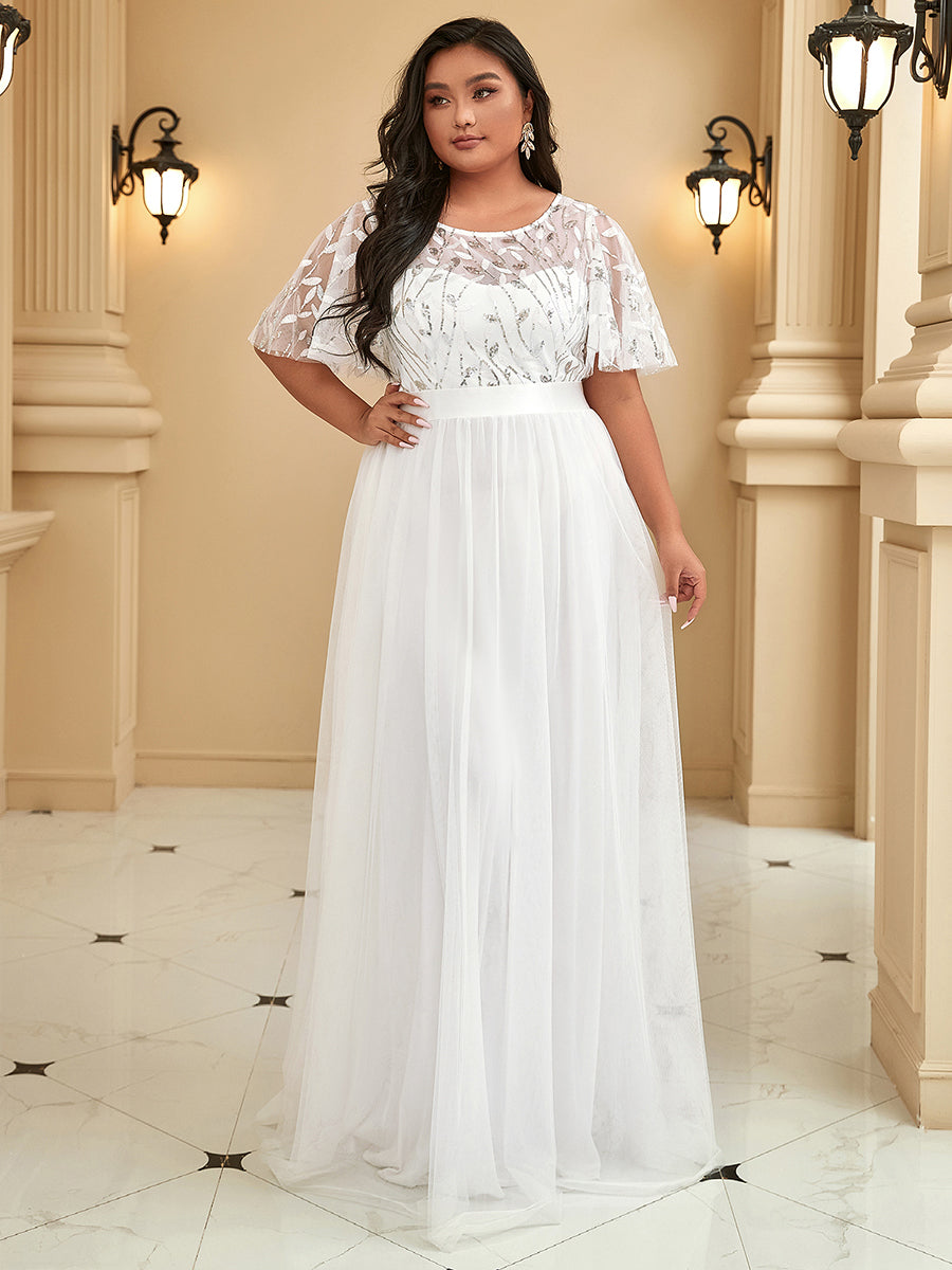 Damen A-Line Kurzarm Stickerei Bodenlanges Abendkleid #Farbe_Weiß