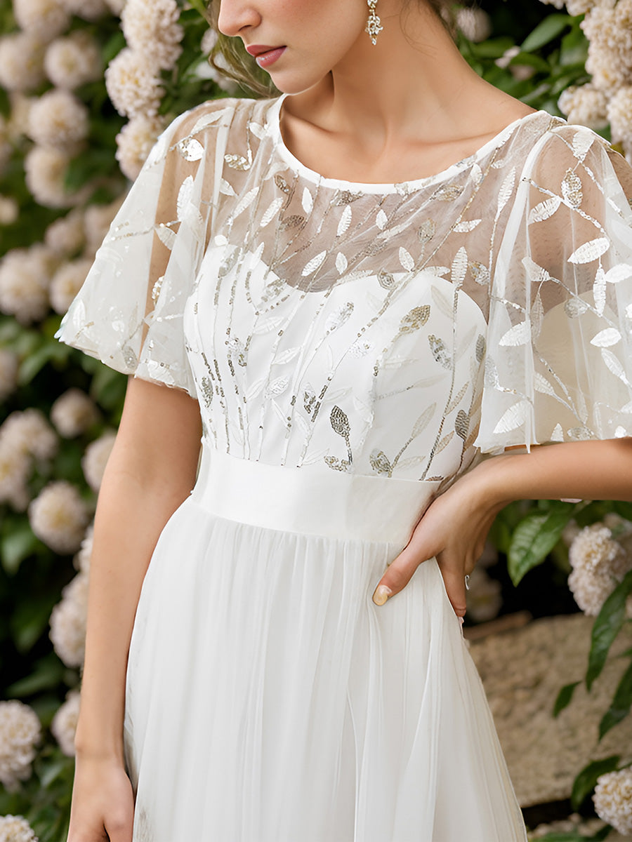 Damen A-Line Kurzarm Stickerei Bodenlanges Abendkleid #Farbe_Weiß