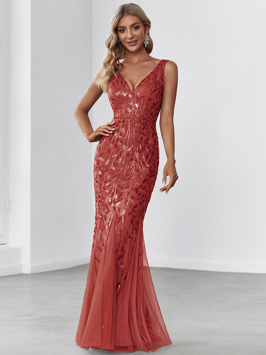 Aermelloses Abendkleid mit doppeltem V-Ausschnitt #Farbe_Gebranntes Orange