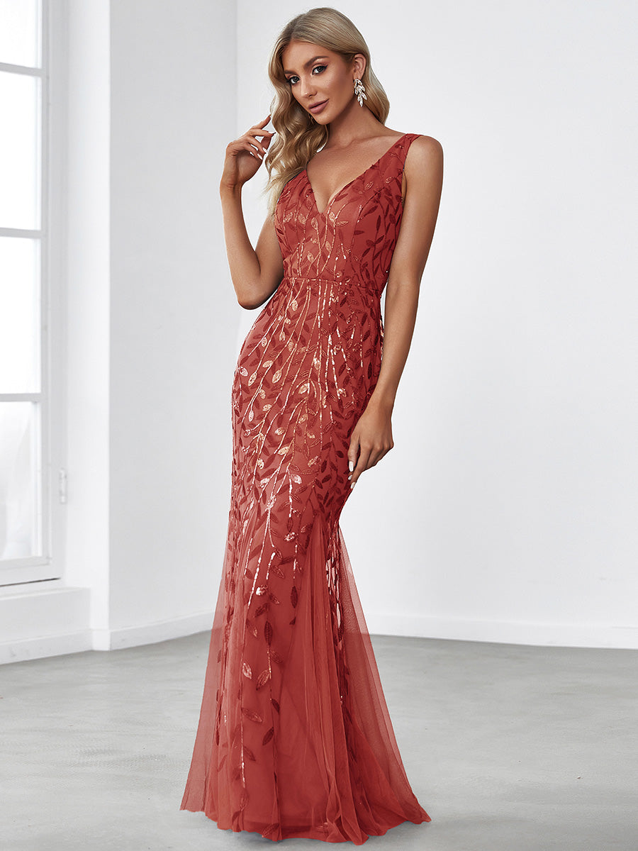 Aermelloses Abendkleid mit doppeltem V-Ausschnitt #Farbe_Gebranntes Orange