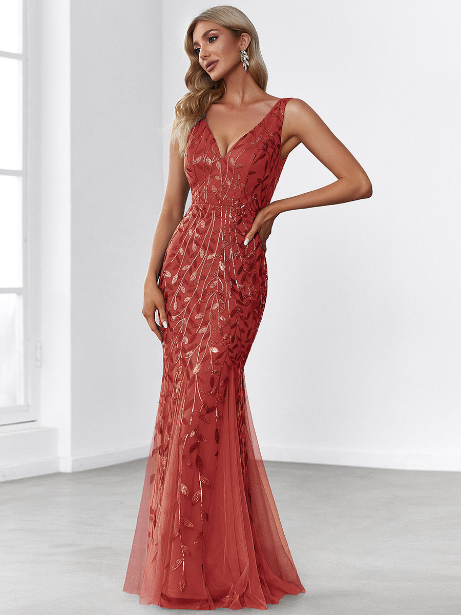 Aermelloses Abendkleid mit doppeltem V-Ausschnitt #Farbe_Gebranntes Orange