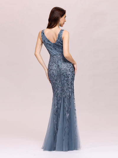Aermelloses Abendkleid mit doppeltem V-Ausschnitt #Farbe_Taubenblau