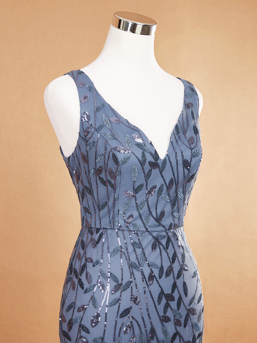 Aermelloses Abendkleid mit doppeltem V-Ausschnitt #Farbe_Taubenblau