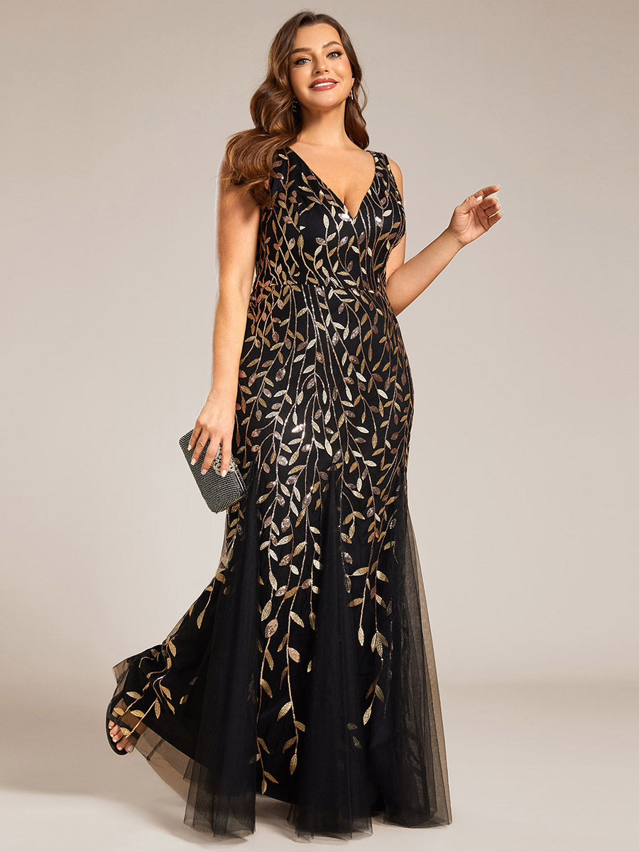 Aermelloses Abendkleid mit doppeltem V-Ausschnitt #Farbe_Schwarz & Gold